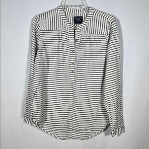 ABERCROMBIE & FITCH WOMENS GRAY WHITE STRIPED BUTTON DOWN TUNIC BLOUSE LARGE